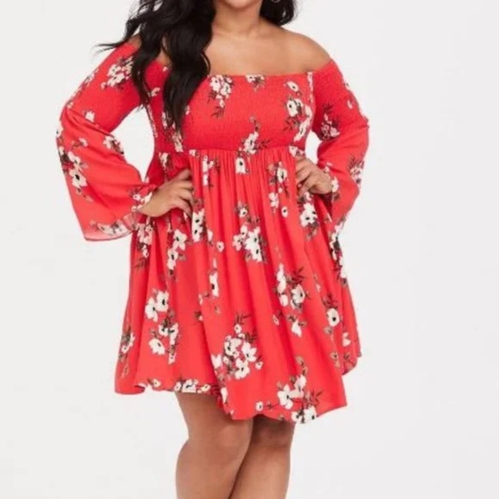 Floral Mini Challis Off-Shoulder Red Dress